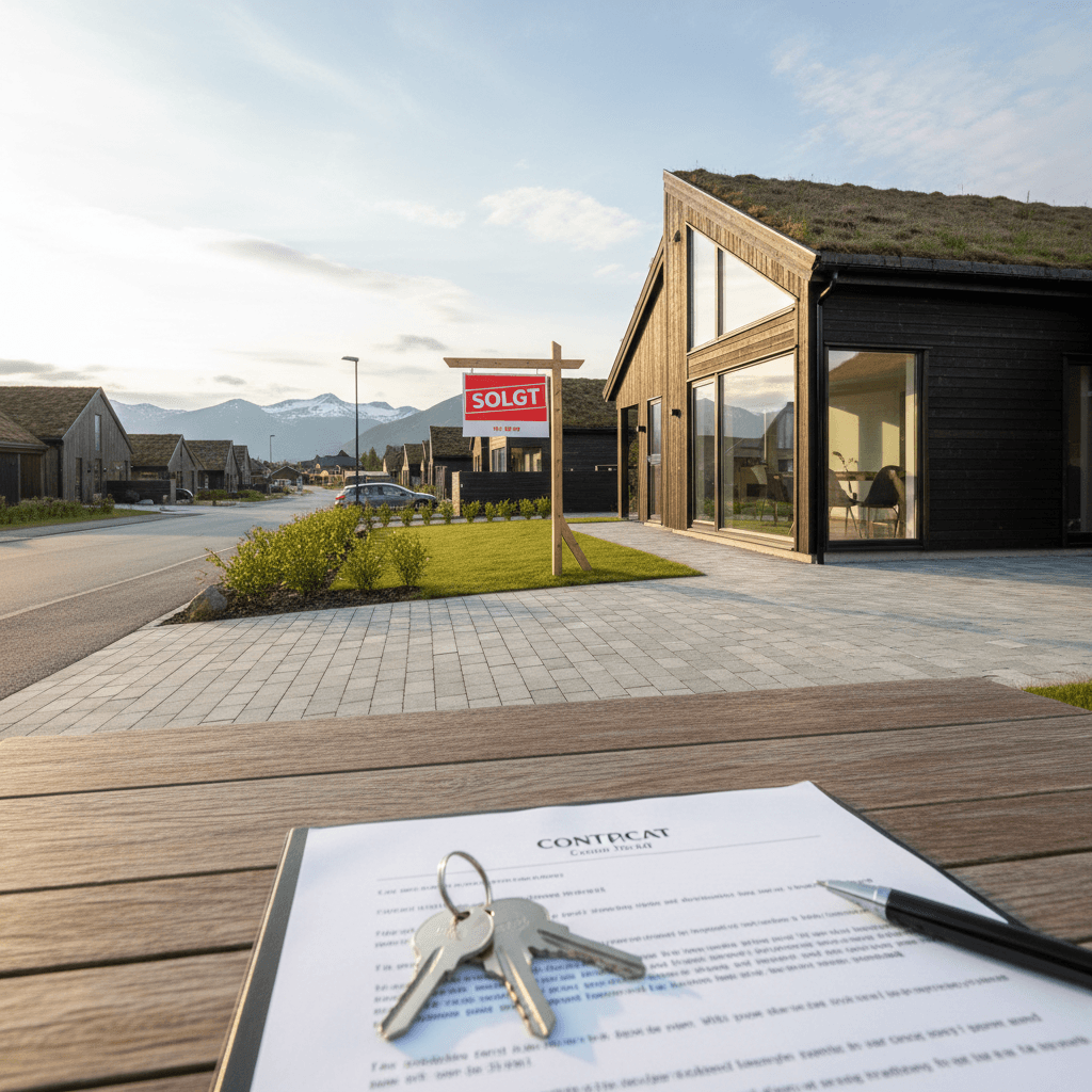 Moderne norsk hus med solgt-skilt og nøkler på kontrakt