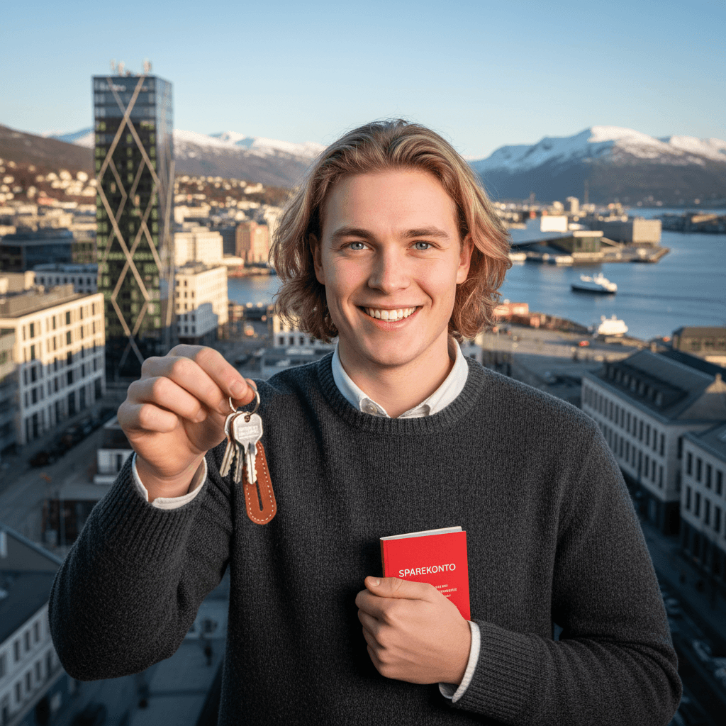 Ung norsk person med husnøkler og sparebok
