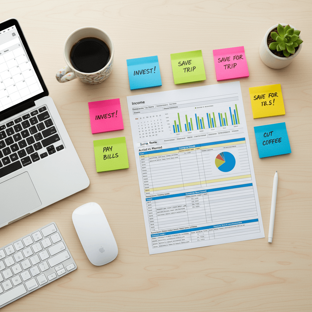 Skrivebord med budsjettutskrift, fargerike huskelapper og laptop