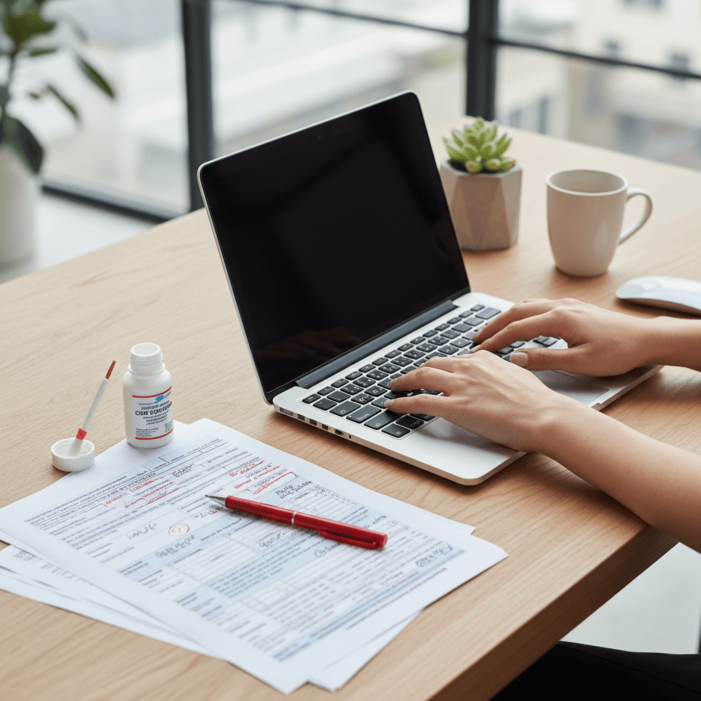 Hender som skriver på laptop med korrekturlakk og rød penn ved siden av