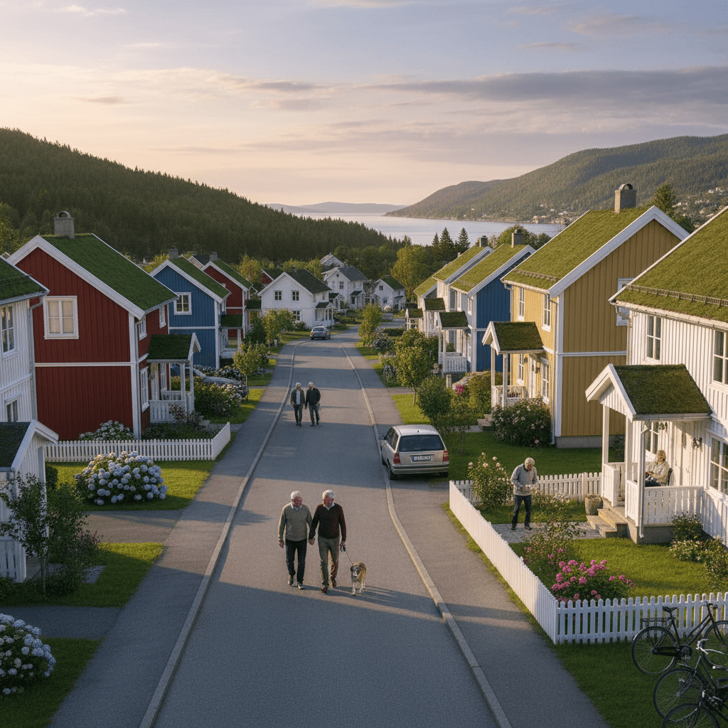 Norsk forstadsstrøk med typiske hus og fredelig gatebilde