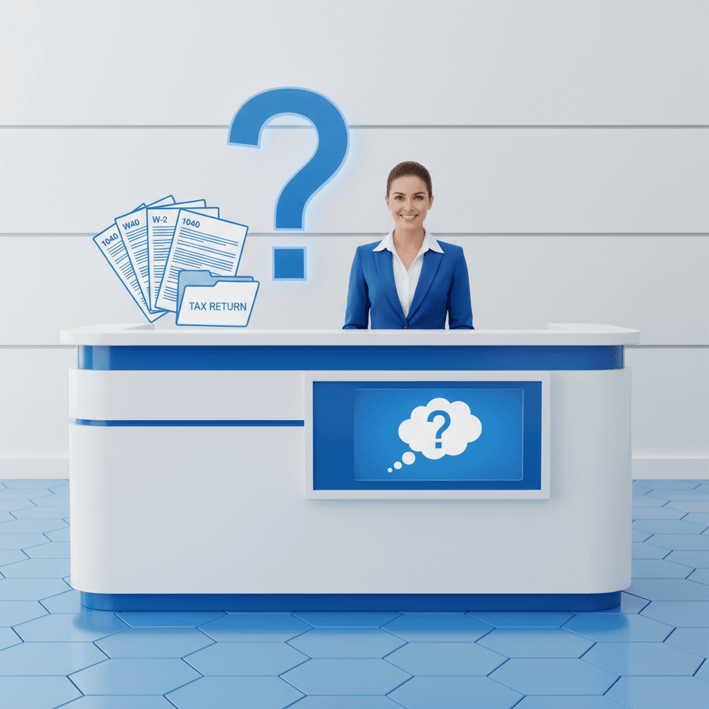 Informasjonskonsept med sporsmalstegn og skattedokumenter