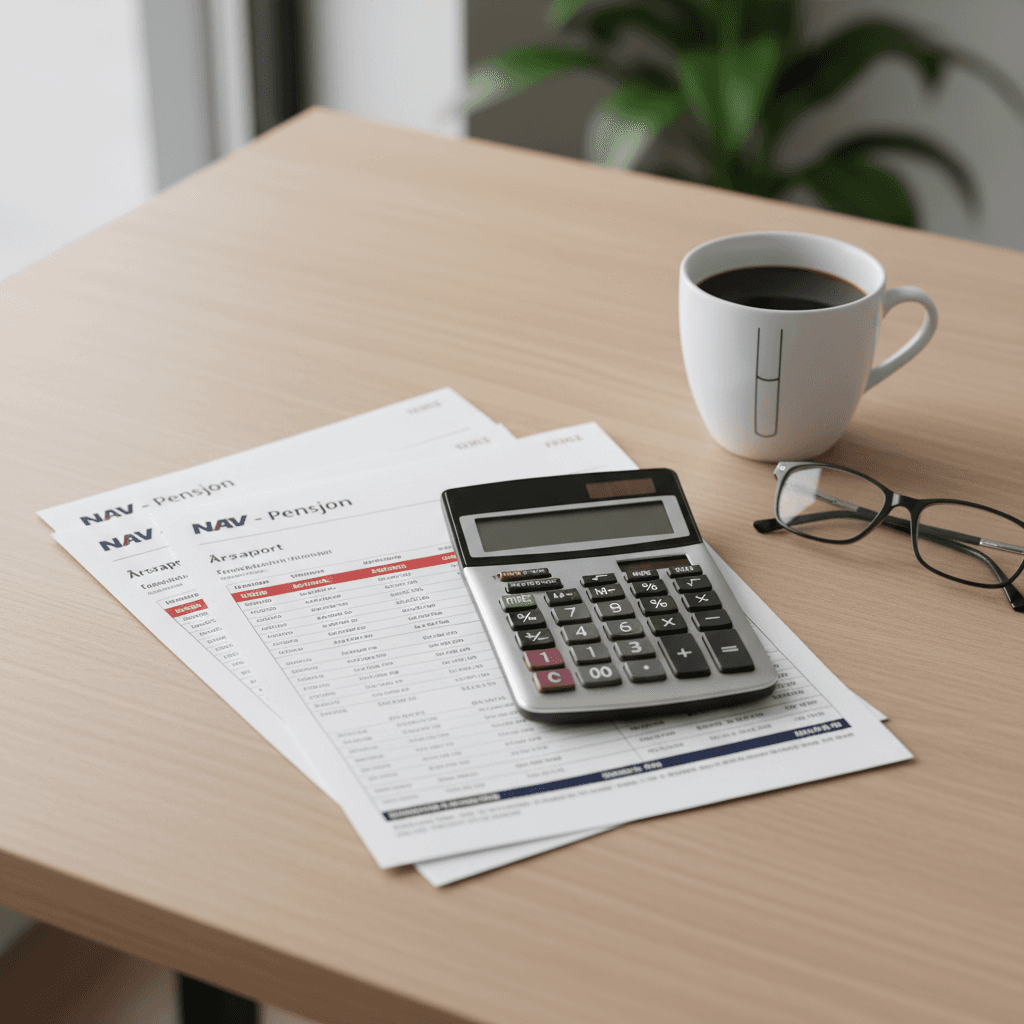 Kalkulator og pensjonsdokumenter på et moderne skrivebord