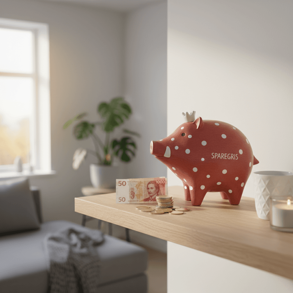 Norsk sparegris ved siden av norske sedler og mynter