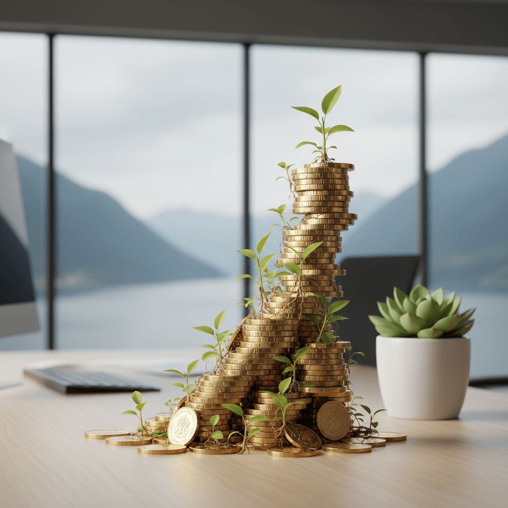 Voksende myntstabler med små planter som symboliserer investeringsvekst