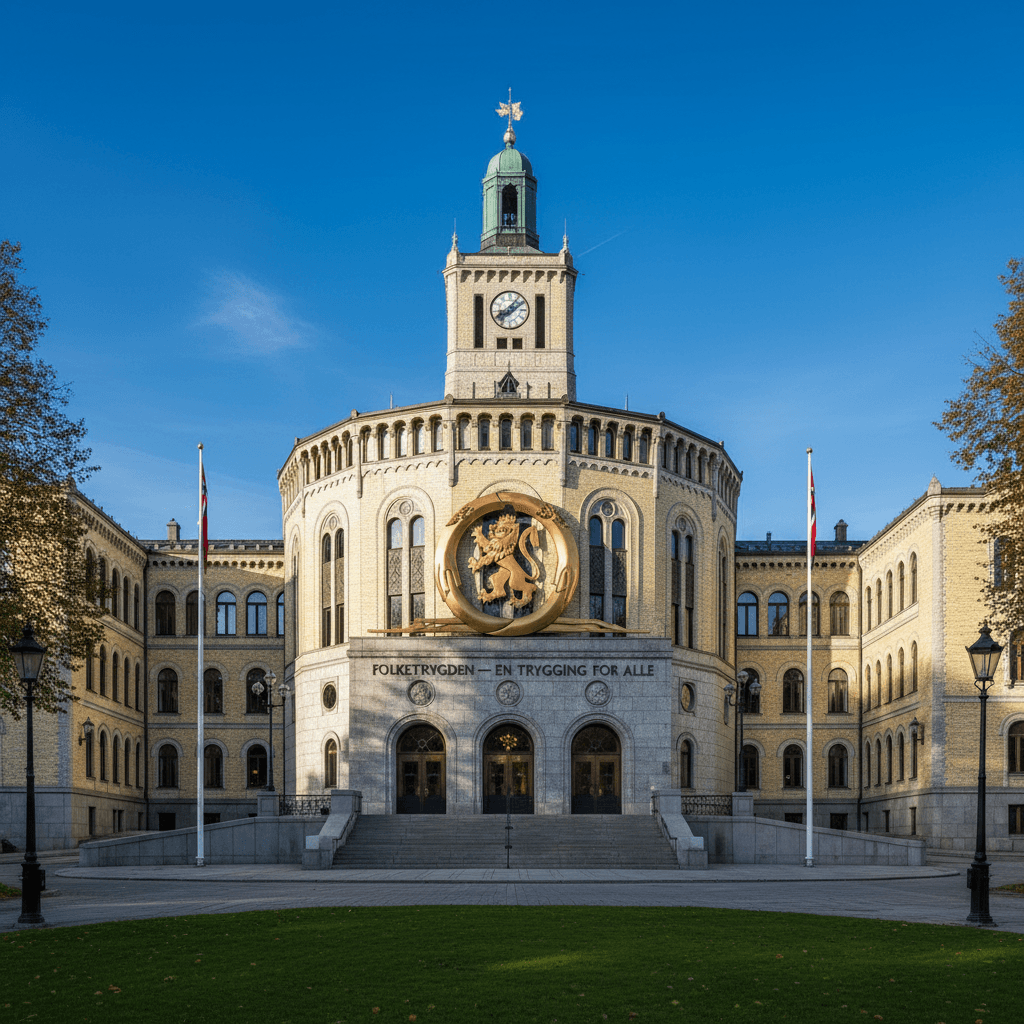 Stortinget i Oslo som symboliserer det norske folketrygdsystemet
