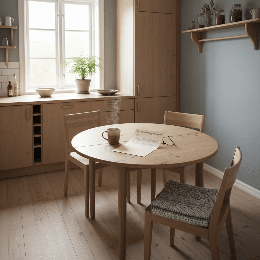 Enkelt norsk kjøkken med kaffekopp og pensjonsbrev på bordet