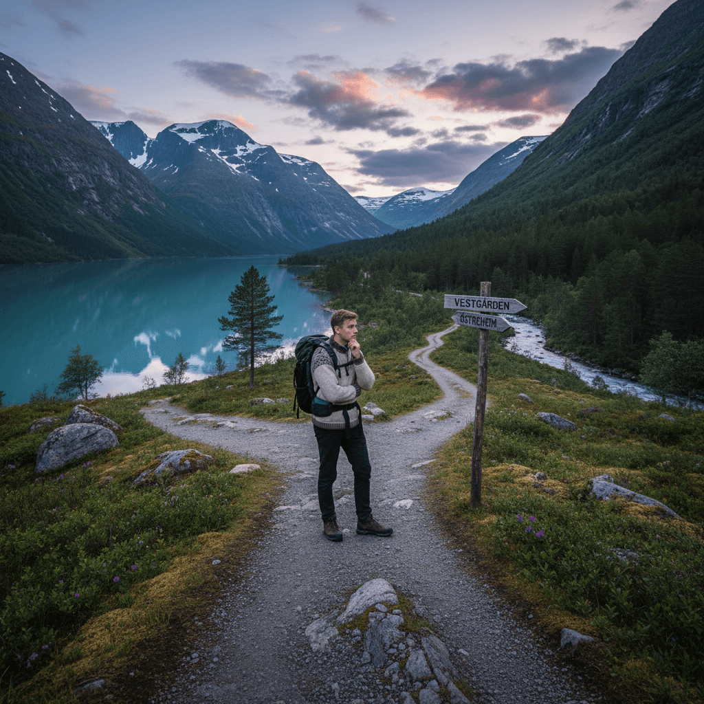 Person ved veiskille i norsk natur som symboliserer valg