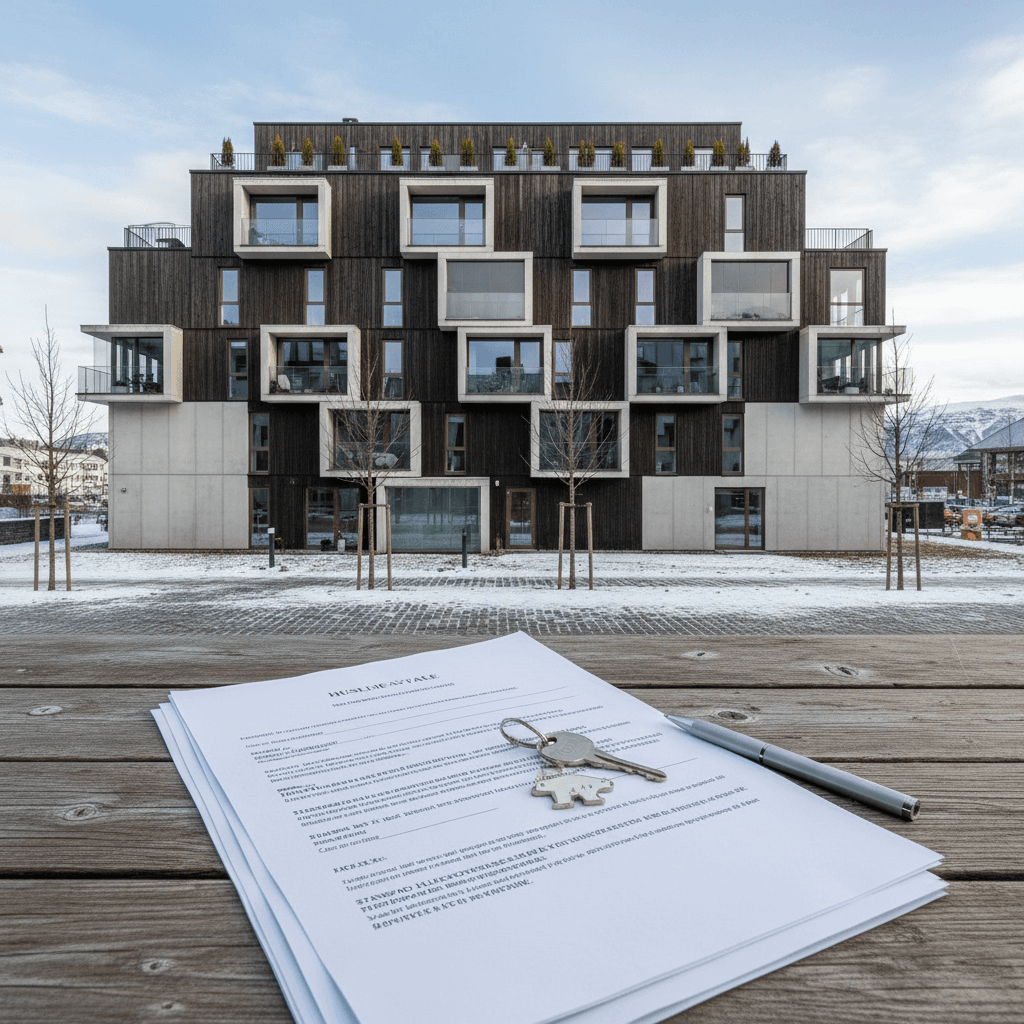 Norsk leilighetsbygg med leieavtale i forgrunnen
