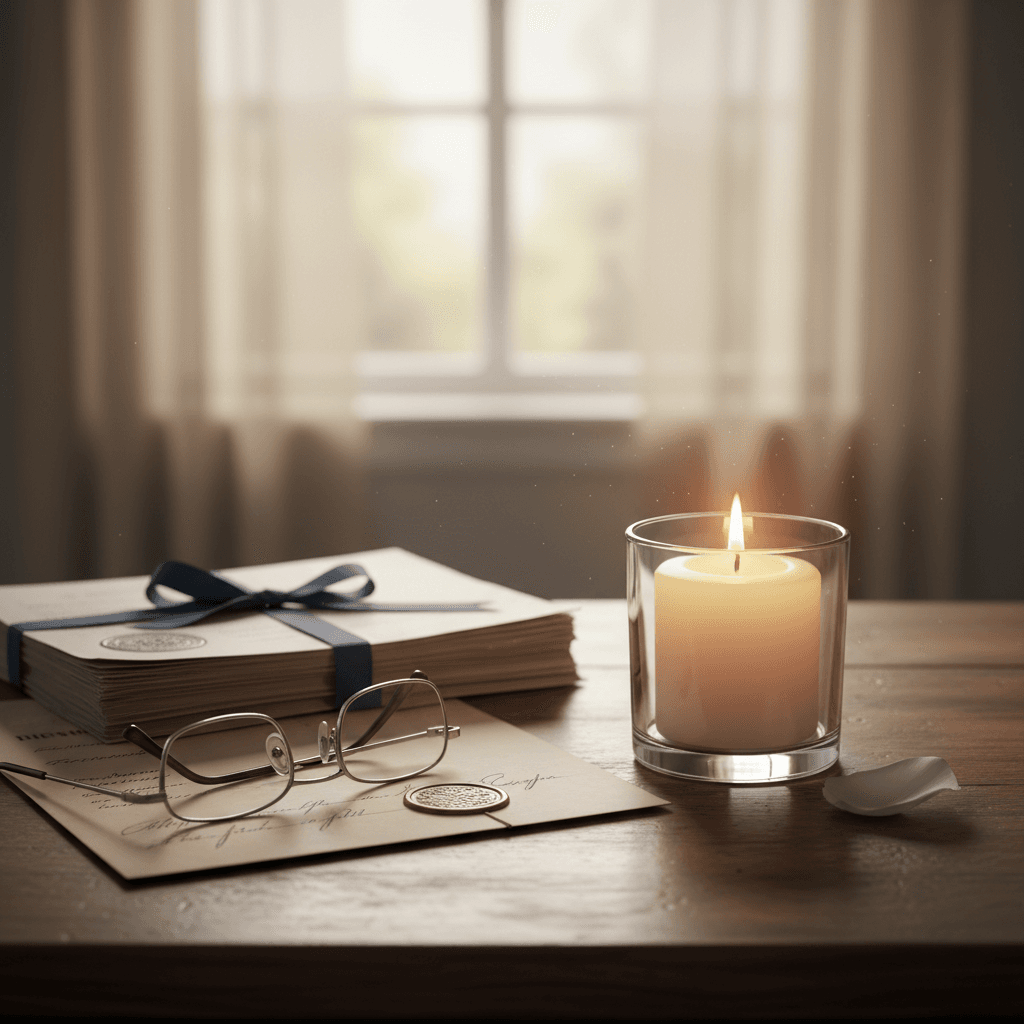 Minnelys, lesebriller og dokumenter på et trebord