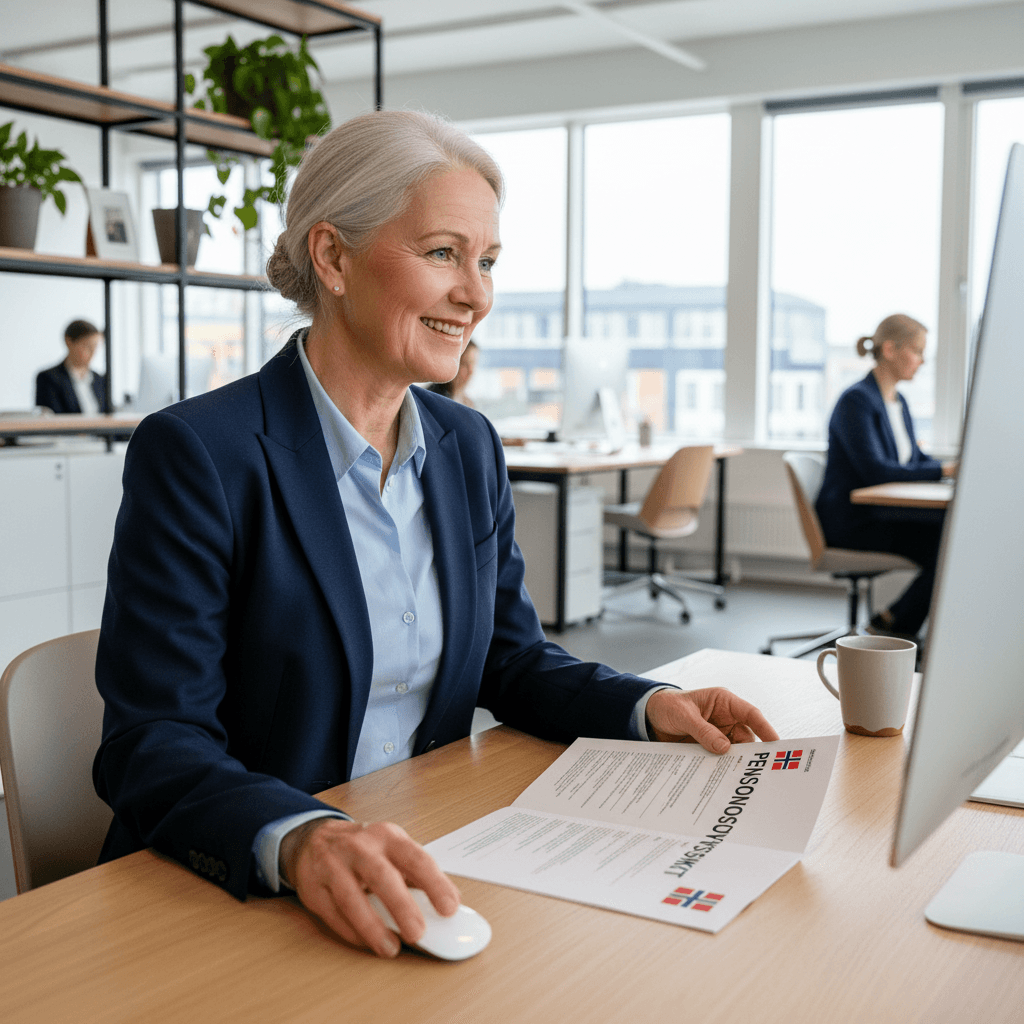 Senior norsk yrkesaktiv ved skrivebordet med pensjonsdokumenter