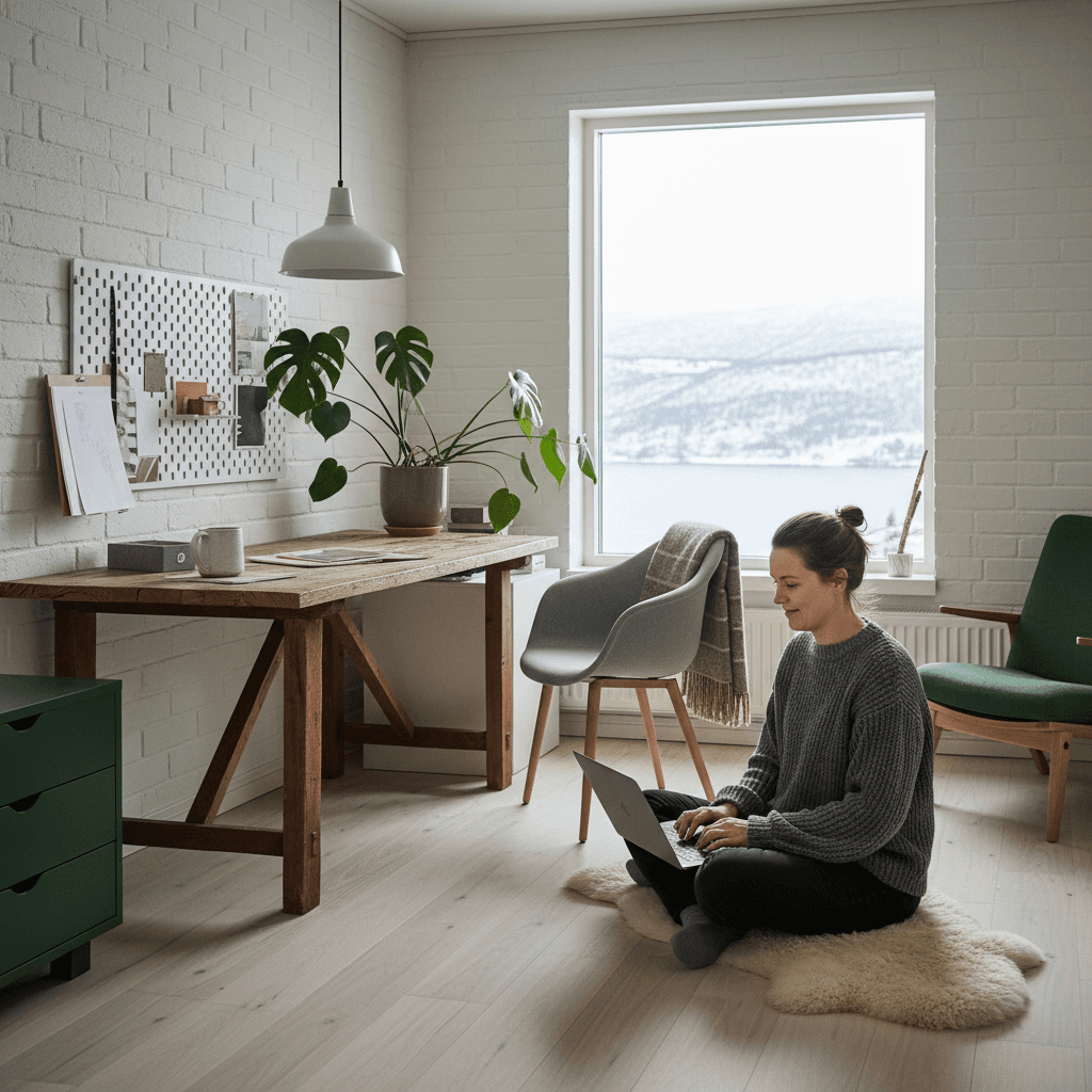 Selvstendig næringsdrivende jobber på laptop i kreativt arbeidsrom