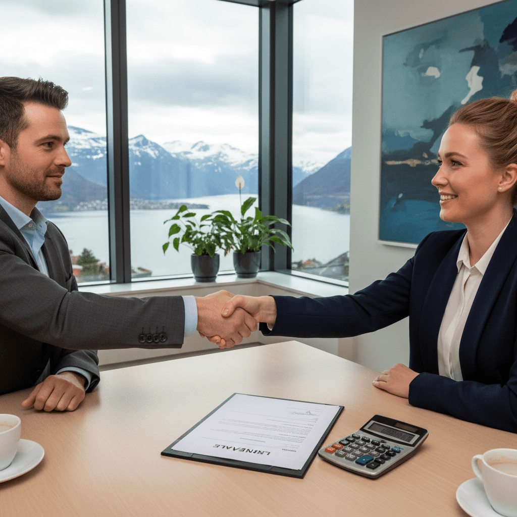 To personer som inngår låneavtale over et skrivebord med kalkulator