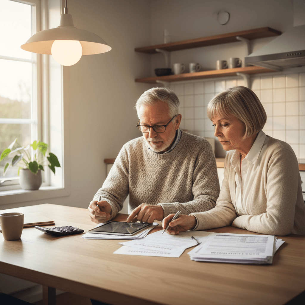 Norsk pensjonistpar som gjennomgår økonomiske dokumenter