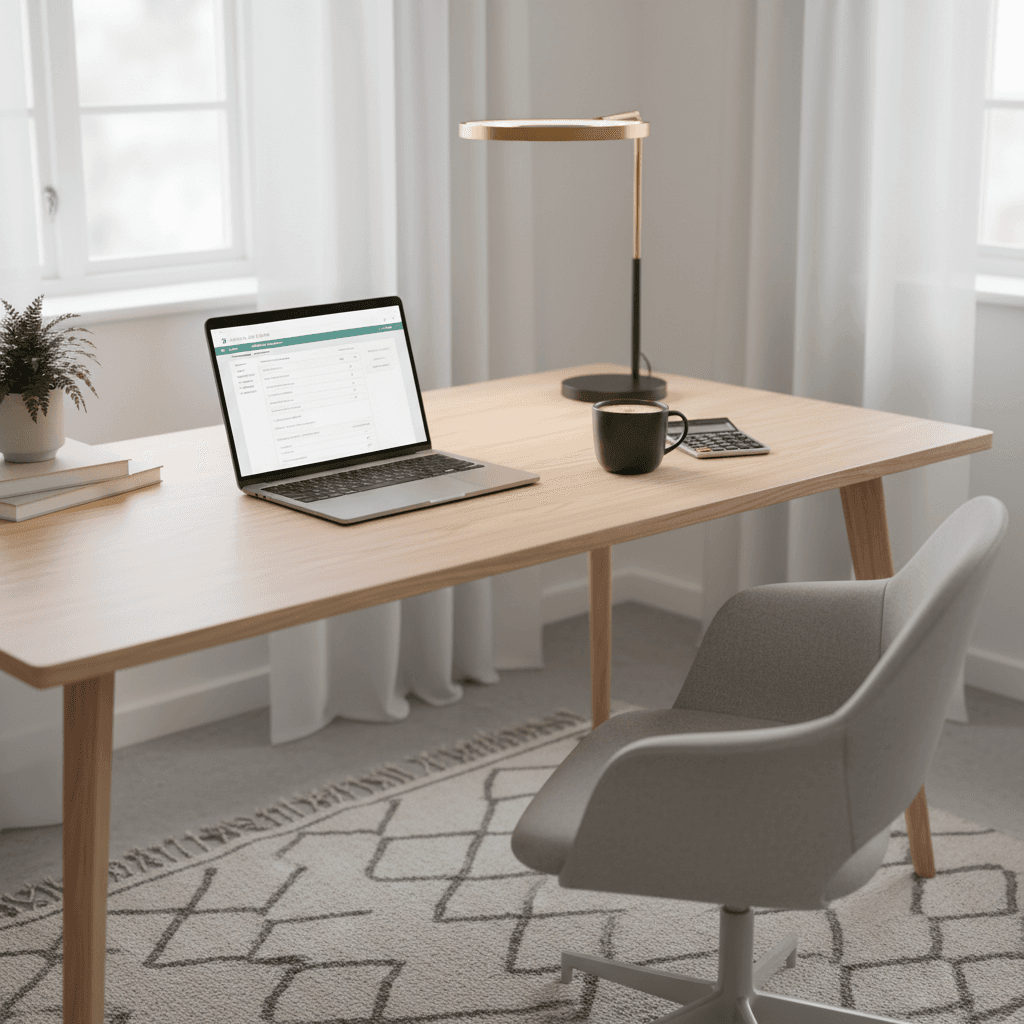 Laptop med skattemelding på skjermen i et norsk hjemmekontor