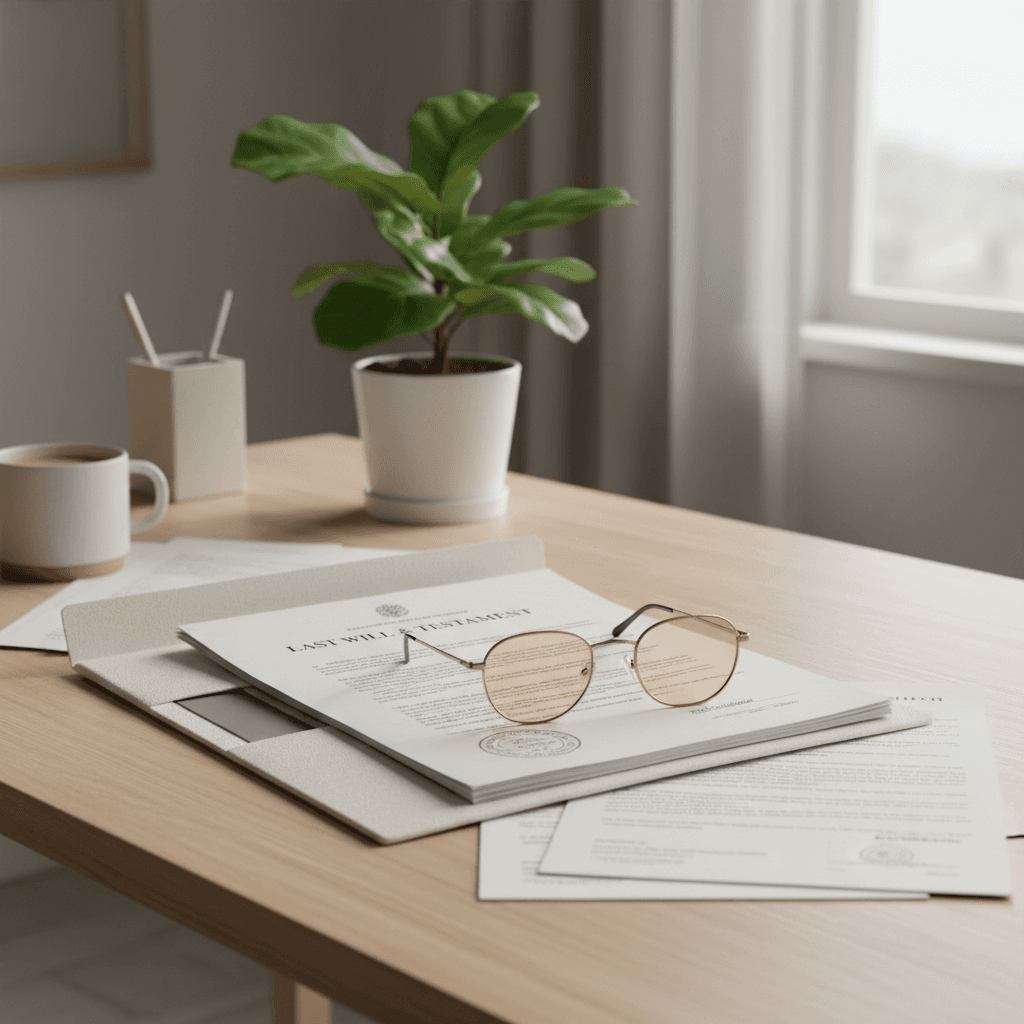 Dokumenter og lesebriller på et skrivebord