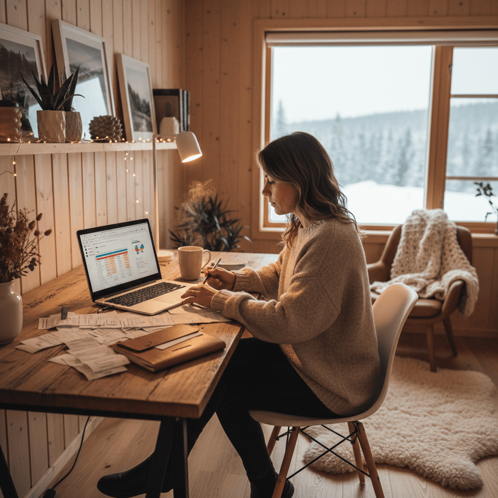 Selvstendig næringsdrivende jobber med regnskap på hjemmekontor