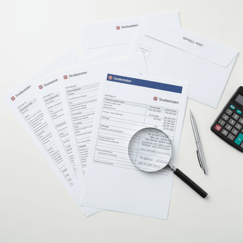 Norske skattedokumenter og offisielle brev på et skrivebord