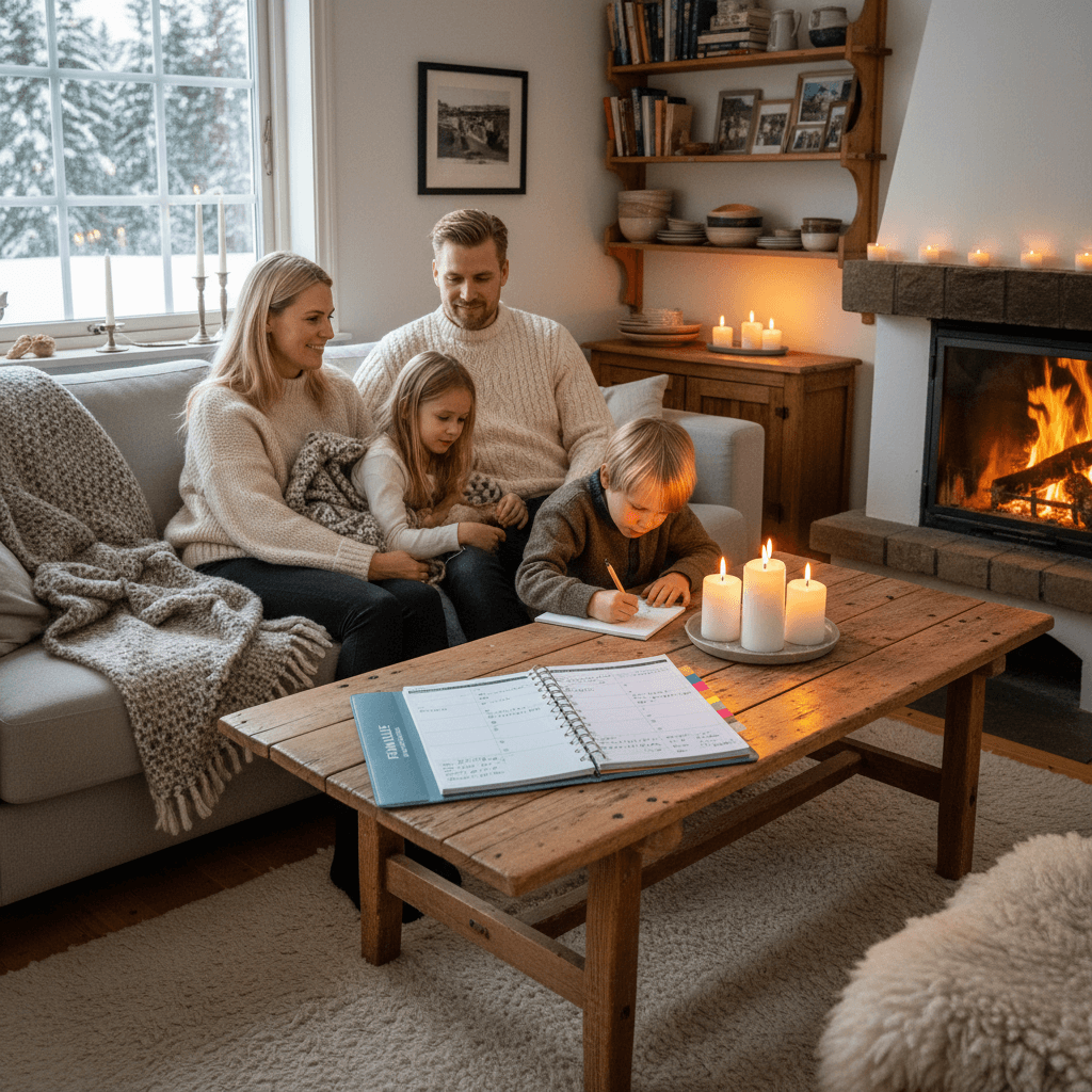 Norsk familie i koselig stue med budsjettplanlegger på bordet