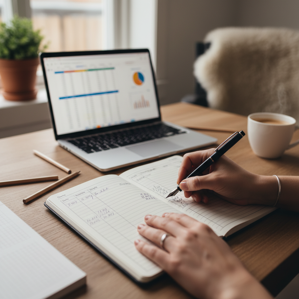 Noen som skriver et personlig budsjett med penn og kalkulator
