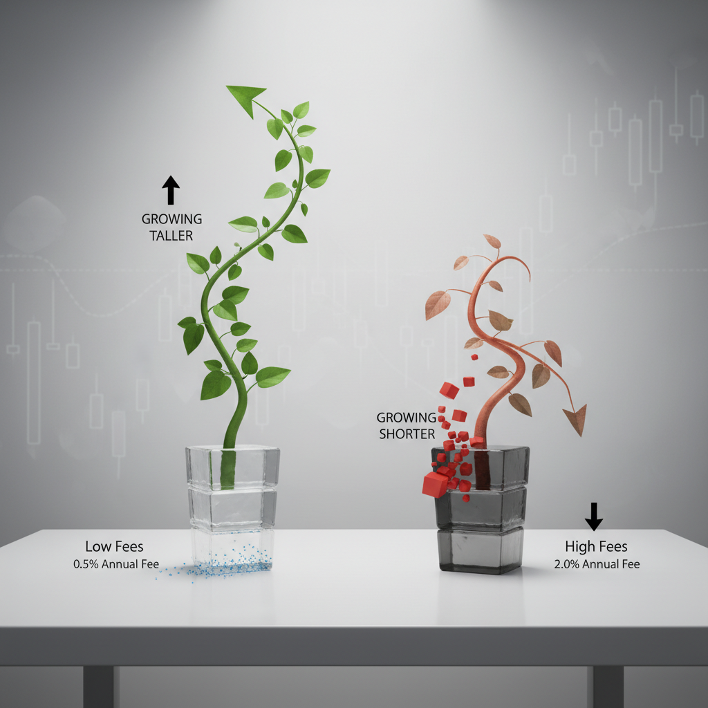 Visualisering av hvordan forvaltningskostnader spiser av pensjonskapitalen over tid