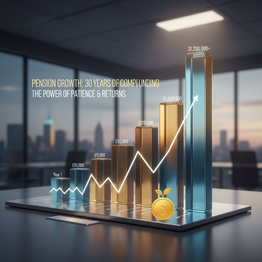 Graf som viser hvordan innskuddspensjon vokser over tid med rentes rente-effekten