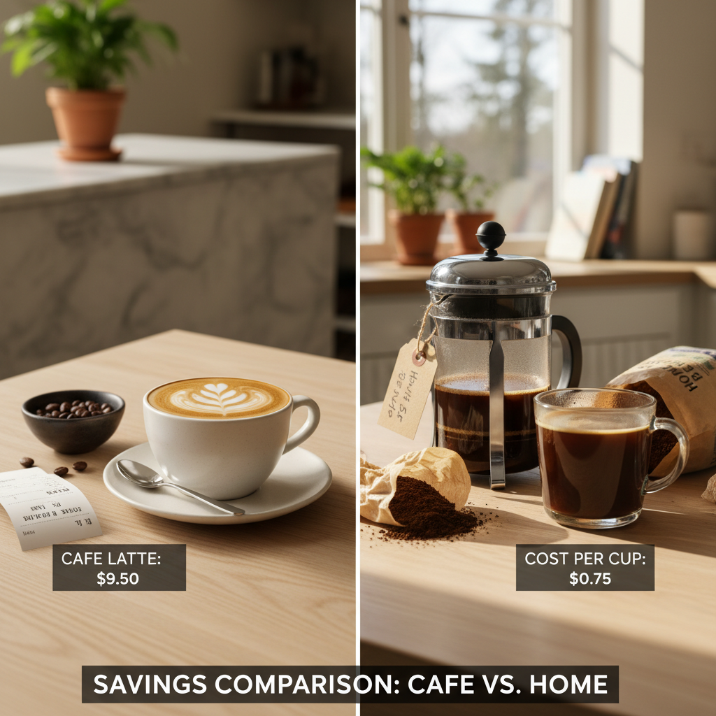 Hjemmelaget kaffe i termokopp sammenlignet med kafé-kaffe