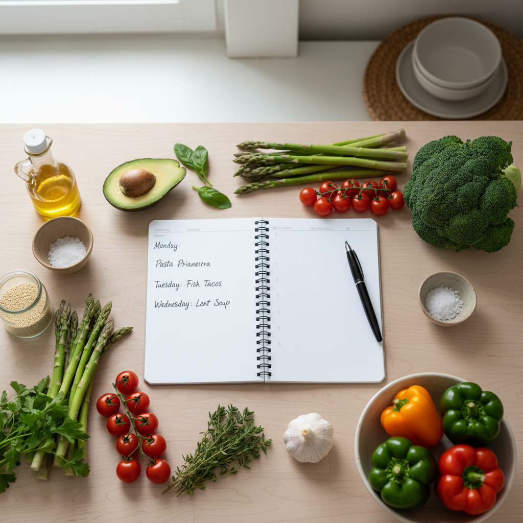 Ukemeny og handleliste på kjøkkenbordet med friske råvarer