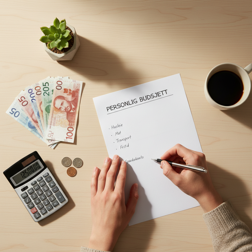 Budsjettoversikt med kalkulator og norske sedler