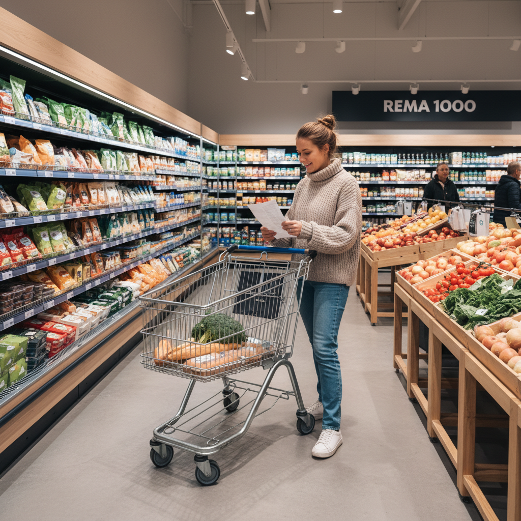 Norsk matbutikk med handleliste og tilbudsvarer